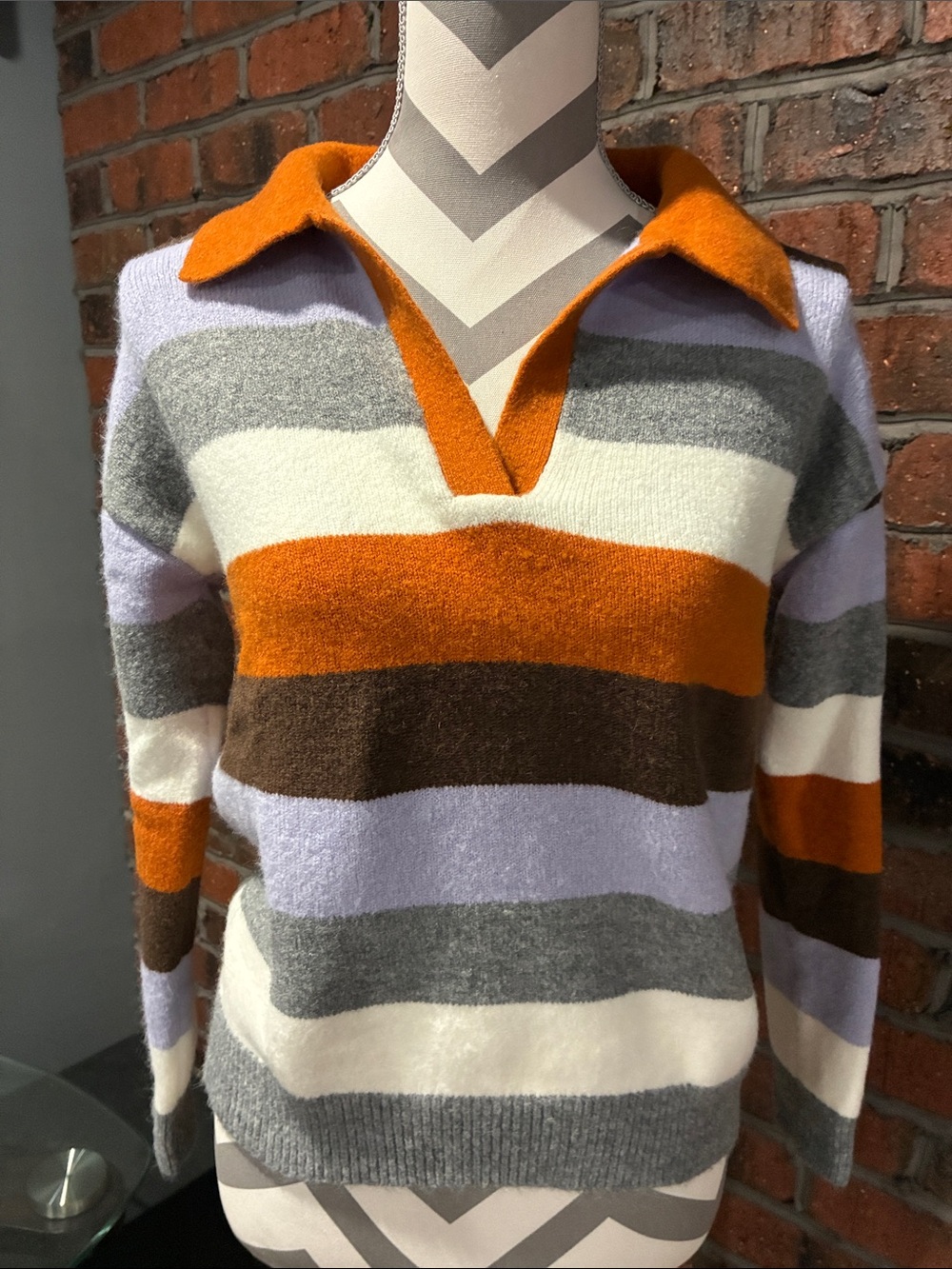 THML Striped Collared V-Neck Sweater in Orange, Gray, lilac, & Cream. Size M.